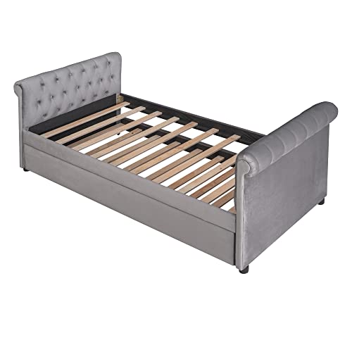 BOVZA Twin Upholstered Daybed with Trundle, Velvet Fabric Day Bed Frame with Two Tufted Rolled Armrests, Wood Slat Support, No Box Spring Needed, for Living Room Bedroom Guest Room, Gray