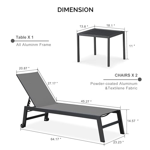 Image of PURPLE LEAF Patio Chaise Lounge Set 4 Pieces Aluminum Outdoor Lounge Chairs with Wheels, Textilene Sunbathing Recliner, Grey