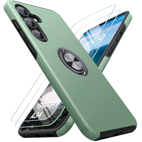 AOUIA for Samsung A34 5G Case with 2 Screen Protector Phone Case Samsung A34 5g Case with 360 Kickstand Rotation with Stand Shockproof +Fingerprint Resistant(Alpine Green+6.6)