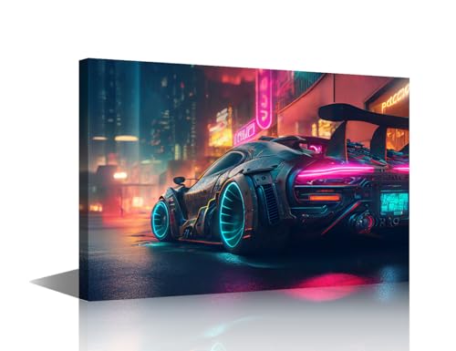 1 Panel Framed Wall Art Supersport Car Parked on the Street at Cyberpunk City Illuminated with Neon Lights Posters Picture Print on Canvas for Bedroom Living Room Wall Decoration, 36Wx24H