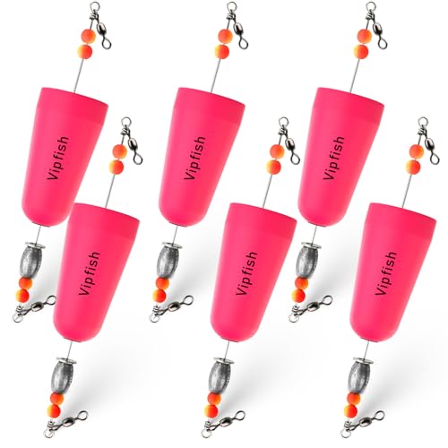 Vipfish Popping Corks Floats Saltwater - Rattles and Floats for Catfish Redfish Speckled Trout Rigs with a 3/8 oz Egg Weight, and a High-Visibility Cork (Pink, 6pcs)