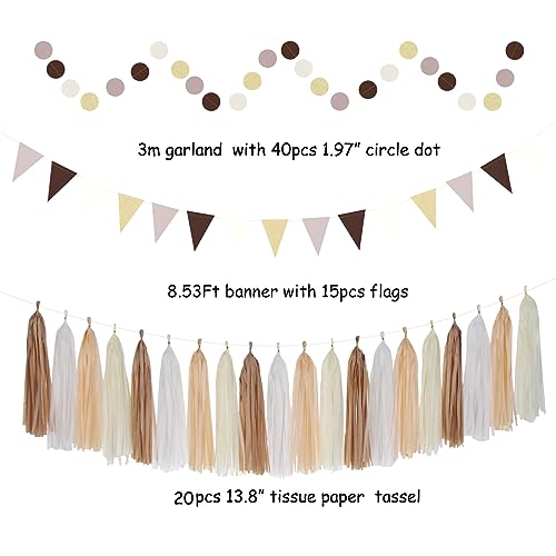 Boho Baby-Shower White-Brown Champagne Fall Party-Decorations - 33pcs Banner,Streamers Tassel Garland,Tissue Pom Poms Honeycomb,Paper Lantern Fan,Autumn,Bridal,Christmas,Birthday,Wedding Decor Hugtmr
