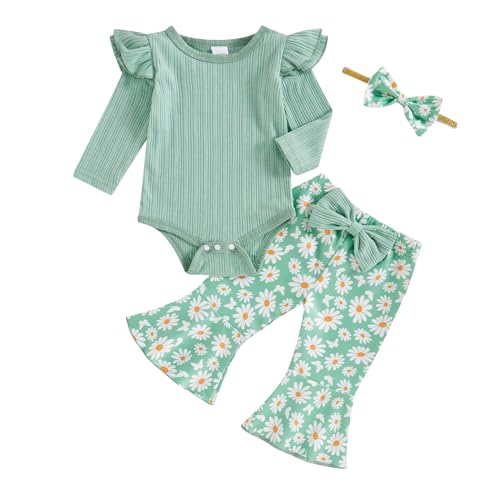 Newborn Baby Girl Fall Winter Outfits Ribbed Long Sleeve Romper Daisy Print Flared Pants Headband Set 0-18 Months