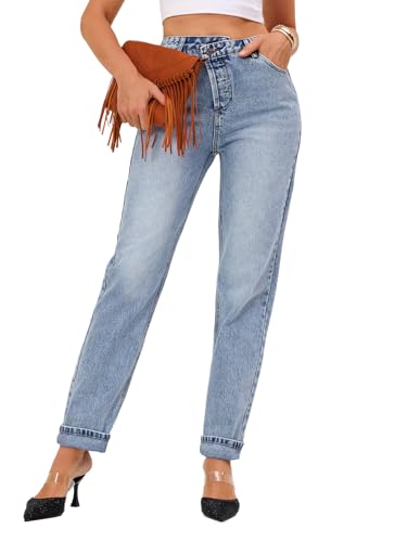 Womens Casual High Waisted Straight Leg Jeans Crossover Waistband Non-Stretch Denim4