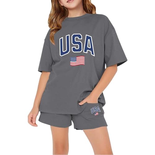 Girls 2 Piece Active Outfits Matching Workout Set American Flag Graphic Top & Shorts Loung𝐞wear Patriotic Outfits Activewear2