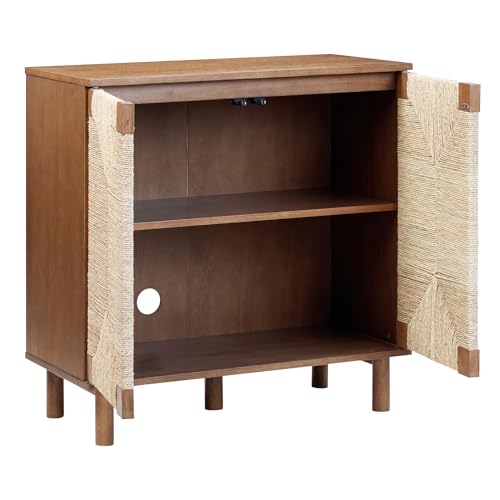 Image of Nathan James Beacon Boho Accent Cabinet with Doors, TV Stand with Adjustable Interior Shelf and Seagrass Accent, Dark Brown, Set of 2