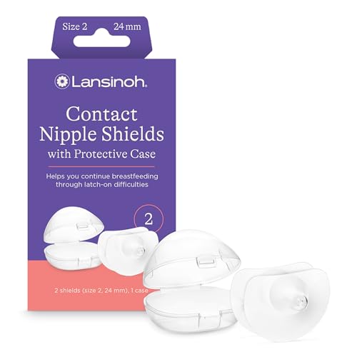 Lansinoh Contact Nipple Shields for Nursing Mothers, Ultra-Thin Soft & Flexible Medical-Grade Silicone Shields for Sensitive Nipples and Latch-On Support, (1 inch or 24mm), with Case, 2 Count