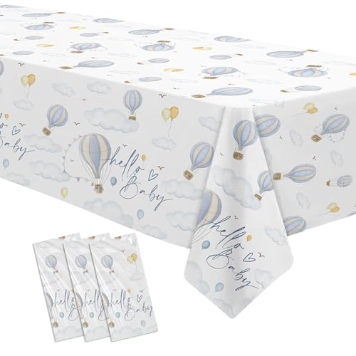 HIPVVILD Hot Air Balloon Baby Shower Decorations Tablecloth for Boy, 3 Pack Disposable Blue Hot Air Balloon Theme Adventure Awaits Baby Boy Table Cover, 55in x 86in