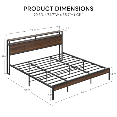 Image of LIKIMIO California King Bed Frame with Headboard, Dark Wood Camas California King with Strong Supports, Sturdy, Noise-Free, No Box Spring Needed, Dark Walnut