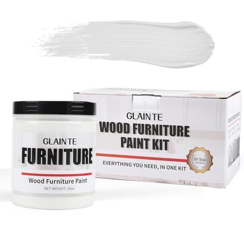 GLAINTE Furniture Paint Kit - Flat White Wood Paint for Cabinets, Doors, Tables & Dressers Refinishing, Water-Based, Non-Toxic & Odorless, 16 OZ