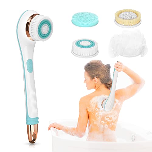 Electric Body Brush Set, USB Rechargeable Shower Scrubber With 4 Heads, Long Detachable Handle, 2-Speed Deep Cleansing Exfoliator, Waterproof Spin Facial Skin Massager for Clean