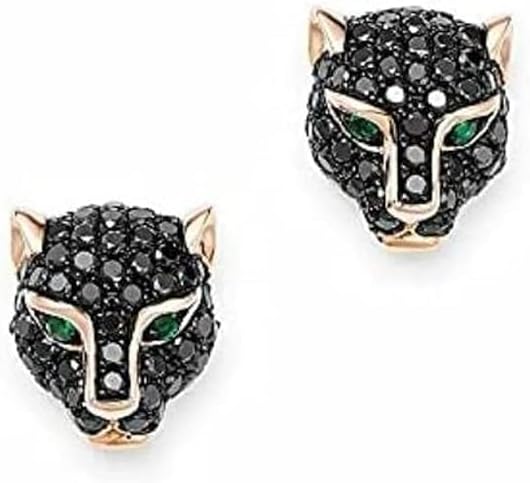 0.25 Ct Round Cut Black Diamond & Green Emerald Eyes Panther Stud Earrings 14k Rose Gold Plated 925 Sterling Silver