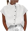 Blusa de lino para mujer de verano, elegante y casual, estilo boho, manga corta, cuello alto, moderna para salir 2