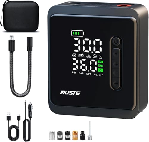 NUSTE Tire Inflator Portable Air Compressor, 150PSI Cordless Air Pump for Car Tires, 3X Faster Battery & 12V DC Dual Power Electric Bike Pump with Pressure Gauge, for Car Bicycle Ball and More