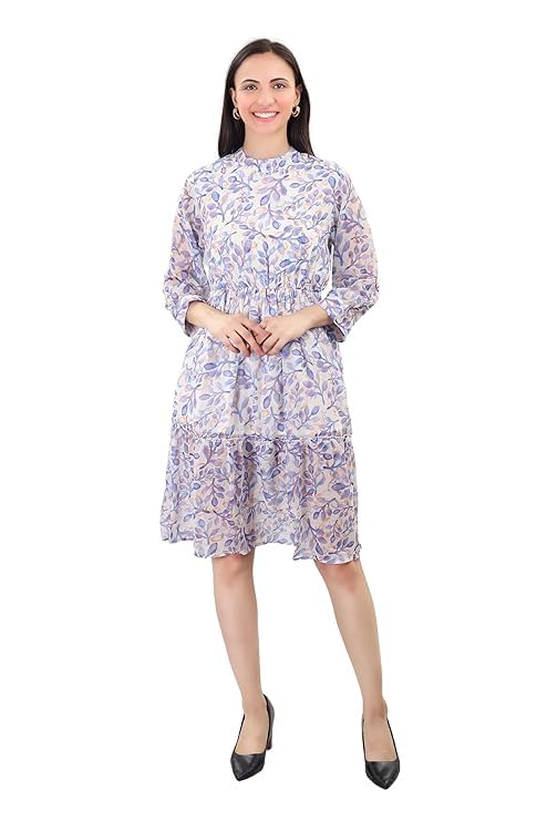 Image of A-Line Floral Printed Fit & Flared Western Brown Dress for Women | One Piece Midi Dress for Women Stylish Western Printed Dresses