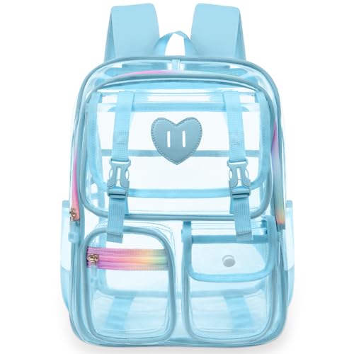 Ujemin Clear Backpack for Girls Women Heavy Duty Transparent Bookbag School Backpack with Mesh Pockets Stadium Approved See Through Backpack (Blue)