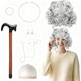 DAOOZHU Kit de Disfraz Completo de Abuela con Peluca, Gafas, Collar y Bastón Inflable para Carnaval, Noche de Brujas y Fiestas Temáticas