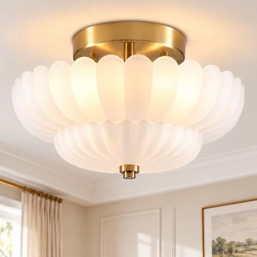 SUNVKWEY Milk Glass Flush Mount Ceiling Light - 11.6” Brass Semi Flush Mount Ceiling Light Fixture with Milk Glass，Mid Century Close to Ceiling Light for Bedroom, Living Room, Hallway, Entryway