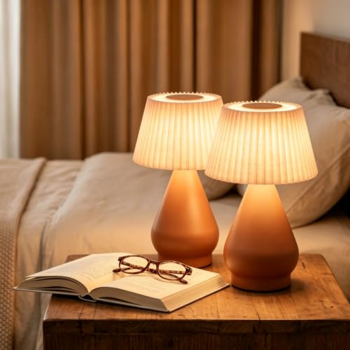 Cordless Rechargeable Small Pink Bedside Touch Table Lamp,Pleated Shade