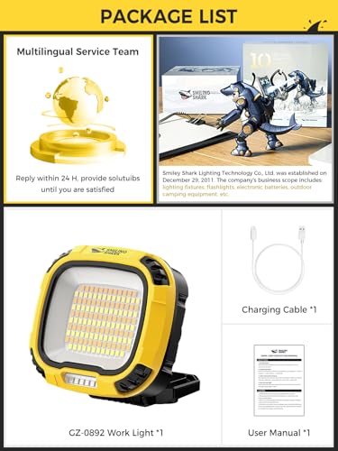 Smiling Shark Working Lights, 7500mAh Rechargeable LED Work Light 4000 Lumen 18 Light Mode Portable Magnetic Waterproof Drop Resistant Cordless Worklight Job Site Lighting for Garage Repair Camping
