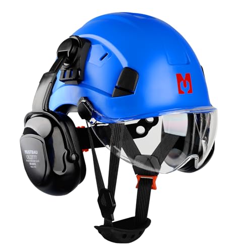 Mustbau Casco de Seguridad, Casco EN397 con Orejeras y Visera, 53 a 63cm Diadema Ajustable, Material ABS Resistente para Hombres Mujeres - Azul Marino