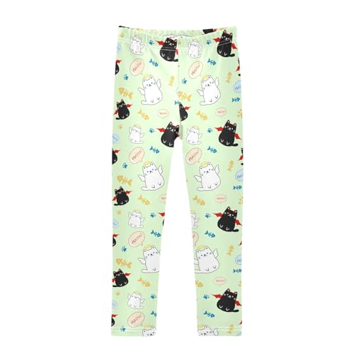 Cute Angle and Evil Cats Green Girls Leggings Soft Comfortable Athletic Leggings Dancing Pants for 4-10 Years