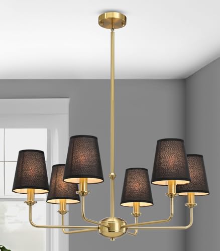 QUENEY 6-Light Brushed Gold Chandelier with Black Fabric Shades, Modern Brushed Brass Chandelier Light Fixture, E12 Base Hanging Pendant Light for Dining Room Living Room Bedroom Kitchen Island Foyer
