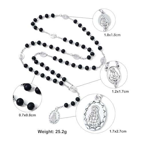 image for KOMI Black Wood Rosary Beads Catholic Seven Sorrows Rosary Beads Neckl