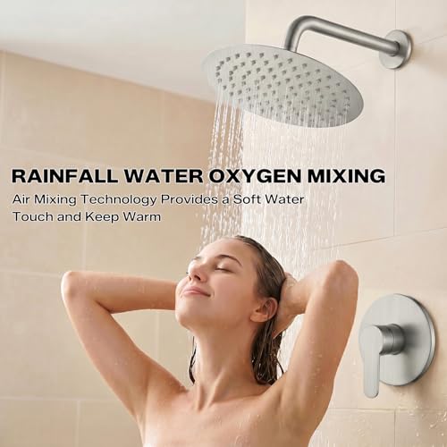Set de grifería para ducha con válvula, regadera fija de lluvia de 8 pulgadas, cabezal de ducha de alta presión y manija sencilla, sistema de ducha para baño, fácil instalación, montaje en pared, níquel miniatura 7
