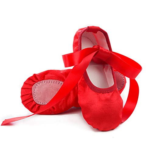 iCKER Girls Pink Ballet Dance Shoes Split Sole with Satin Ballet Slippers Flats Gymnastics Shoes 4 M Big Kid