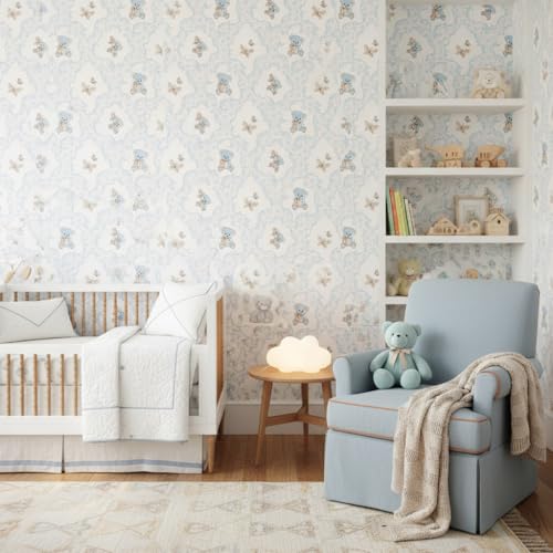 Image of Teddy Kids & Circle Textured Kids Room Wallpaper | Peel & Stick Self Adhesive | Waterproof Removable PVC Vinyl | Baby Boy Room Decoration 2 x 6 Feet