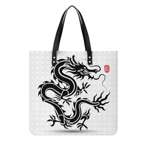 Sac à main Dragon Noir pour femmes grand tote bag shopping et voyage 39x39cm