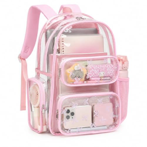 CAMTOP Clear Backpack Heavy Duty Transparent Bag See Through BookBag for Student School Work Festival Sport Travel (Bow Pink, Medium-17‘’)
