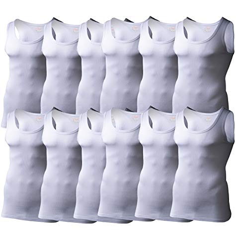 Rich Cotton Men's 12-Pack Ribbed Tank Top Undershirt (White, XL)