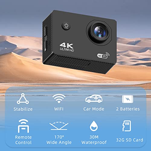 Adostob 4K 30Fps Action Camera, 30M/98Ft Ultra Hd Waterproof Camera, 170° Wide Angle Underwater Cameras With Wifi, Sports Cameras With 2 Batteries, 32G Sd Card, Mounting Accessories Kit #TOP1