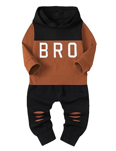 Image of AGAPENG Toddler Baby Boy Clothes Long Sleeve Hoodie Sweatsuit Letter Print Sweatshirt Ripped Pants Fall Winter Outfits Set