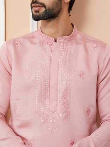 Image of See Designs Men's Long Sleeve Mandarin Collar Side Slit Off-White Embroidered Chanderi Silk Straight Kurta