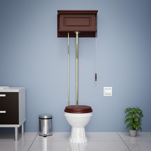 Inodoro de tanque alto con cadena de tirón, acabado en madera de cerezo, tanque elevado, forma redonda, entrada trasera, tazón de porcelana blanca y tuberías de latón ajustables en altura 70"-74" con hardware - Renovators Supply Manufacturing miniatura 2