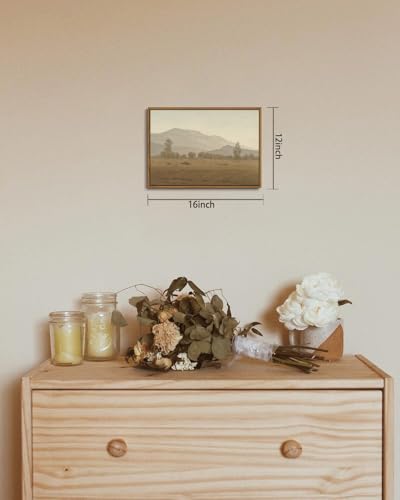 Image of KISSFOX Vintage Landscape Framed Wall Art Grassland Mountain Canvas Wall Art Minimalist Neutral Farmhouse Serene Countryside Paintings Artwork Rustic Art Prints For Bedroom Living Room