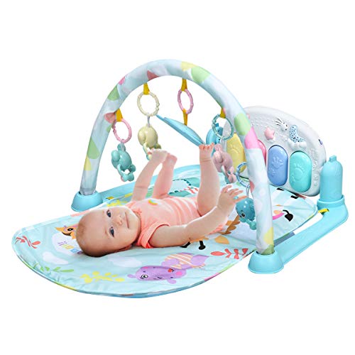 COSTWAY Baby Play Mat, Kick & Play Piano Gym Activity Center with Lights, Music, 4 Rattle Pendants and 1 Mirror, Deluxe Playmats for Newborn Infants Toddlers (Blue)