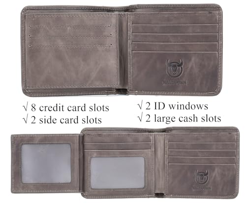 BULLCAPTAIN Men's Genuine Leather RFID Trifold Wallet with 2 ID Window Credit Card Holders Wallets (grey)2