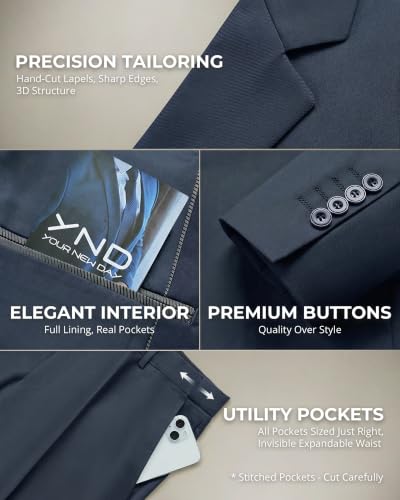 Image of YND Men's 3 Piece Suit with Tie, Solid Color Slim Fit Jacket Vest and Pants