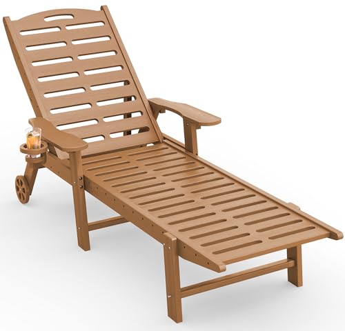 Lounge Chair Outdoor with Wheels & Cup Holder 5-Position Adjustable Heavy Duty Patio Lounge Chair HDPE Outdoor Chaise Lounge 350 lbs Capacity All Weather for Poolside Deck Backyard (Teak)