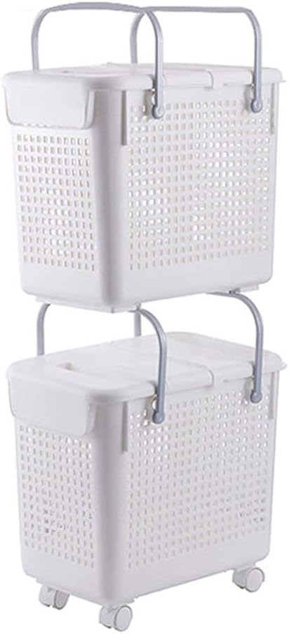 Laundry Basket Storage Bin Laundry Basket Double Storage Basket with Lid Clothes Laundry Bathroom Portable Plastic Basket (Color : Coffee, Size : Bottom Basket+top Basket) (White Bottom basket*2)