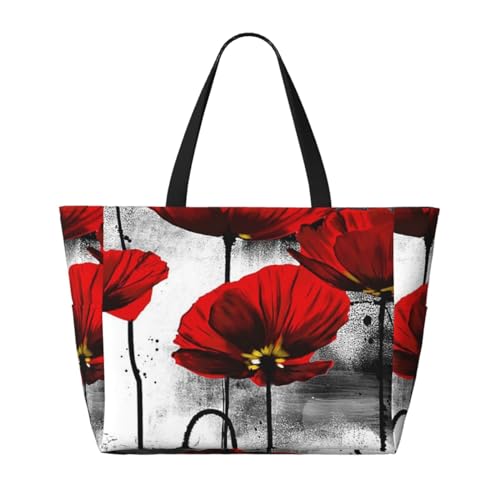 Sac de plage imprimé pavot : grand sac fourre-tout à bandoulière pour femme