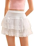BEAUDRM Women's Y2K Solid Tiered Layer Skirt High Waist Contrast Mesh Lace Tie Bow Front Loose Mini Skirt Cake Skirt White Solid Large