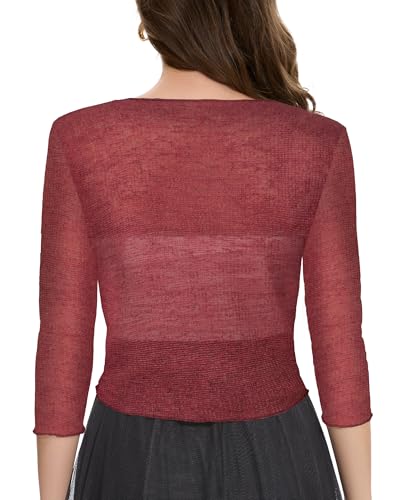 Image of Women Crop Cardigan Sheer Mesh Bolero Shrug for Dress Tie Front 3 /4 Sleeve Tops