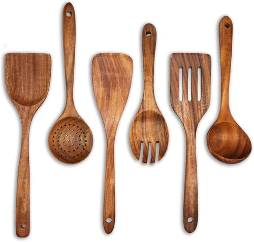 Teak Wooden Cooking Utensils, 6 Pcs, Natural Wood Spoons and Spatulas (6)