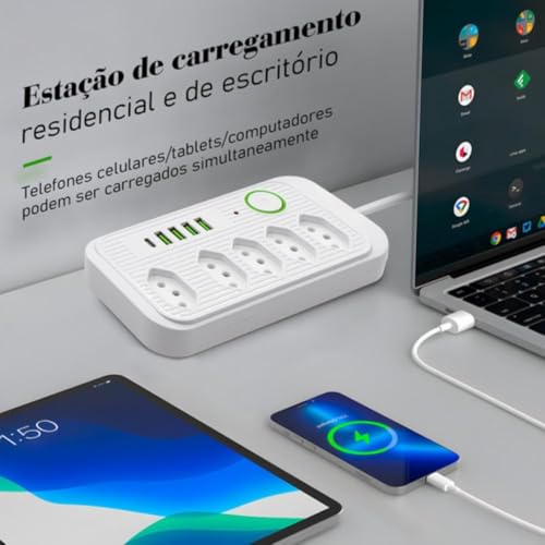 Extensão 5 Tomadas Régua de Energia Elétrica 4 Interfaces USB 1 Porta USB Tipo-C com Cabo de 2 Metro