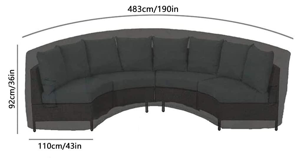 Gartenmöbel-Abdeckungen, für draußen, Terrasse, gebogen, Sofa-Schutzbezüge, wasserdicht, strapazierfähig, 420D Oxford-Gewebe, halbmondförmig, winddicht, UV-Schutz, Schwarz, 483 x 110 x 92 cm